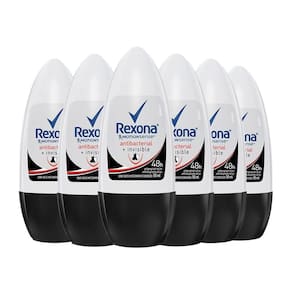 Kit Desodorante Roll On Rexona Feminino Antibacterial Invisible 50ml - 6 Unidades
