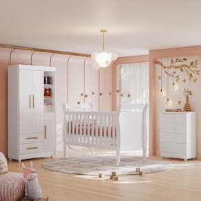 Quarto de Bebê Completo com Cômoda, Berço com Colchão e Guarda Roupas Mia Branco