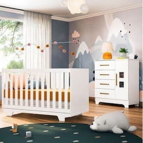 Conjunto Quarto de Bebê 100% MDF Mini Berço e Cômoda 1 Porta 4 Gavetas Branco