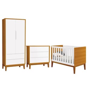 Dormitório Infantil Classic 2 Portas, Cômoda 3 Gavetas e Berço com Pés Amadeirado - Reller Móveis