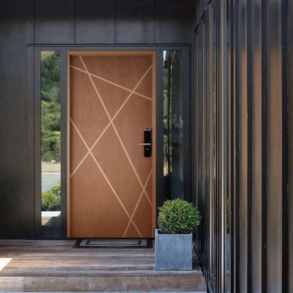 Kit Porta de Madeira Frisada 215x109cm Batente 14cm Fechadura Digital Rodam Portas Marrom