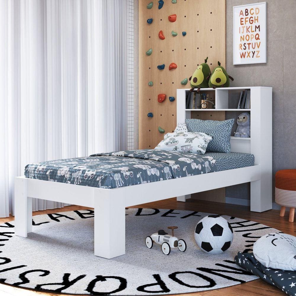 Cama Solteiro Cabeceira Com prateleiras Branco