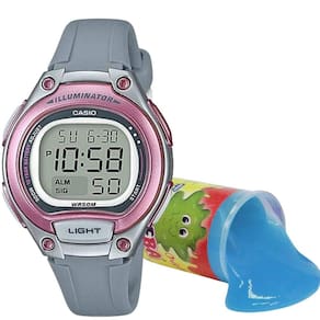 Relógio de Pulso Casio Infantil Digital Calendário Alarme Luz Led Pequeno Quartz Redondo Esportivo Cinza LW-203-8AVDF + Brinquedo