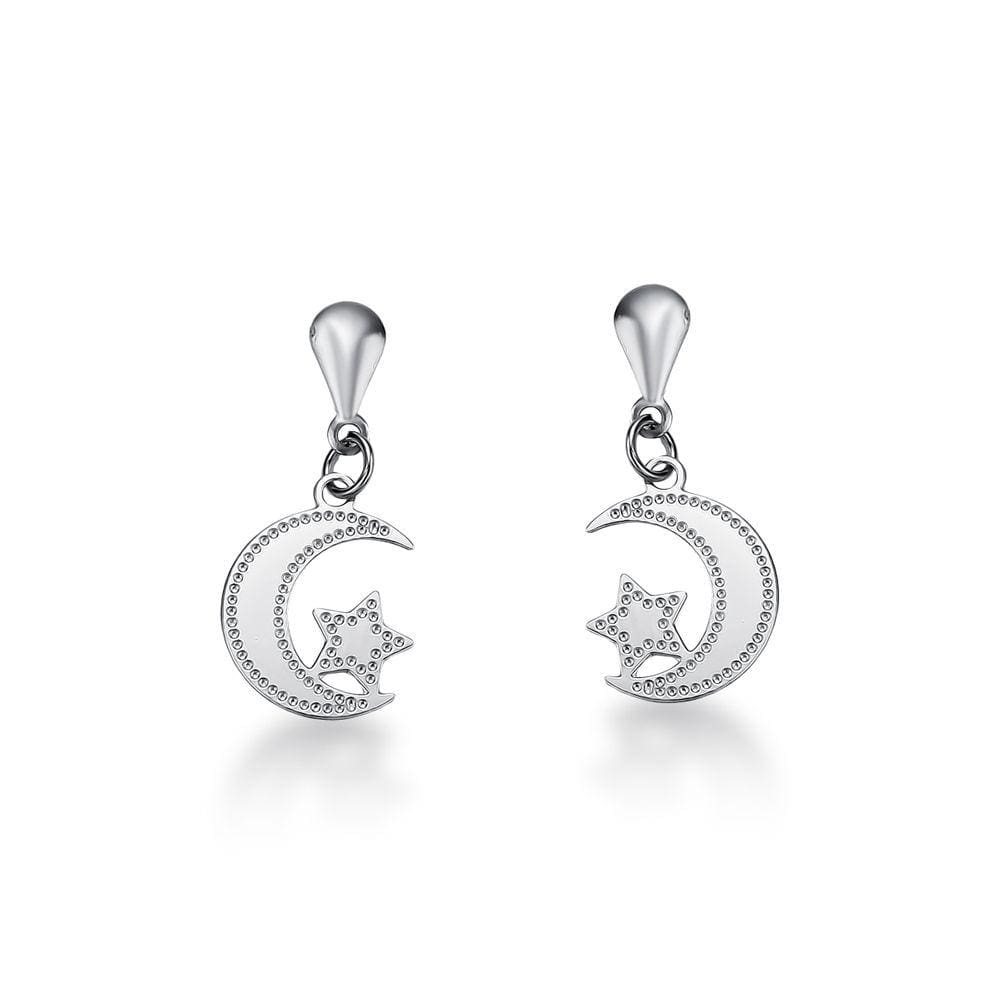 Brinco Pendurado Lua e Estrela Aço Inox Antialérgico Básico
