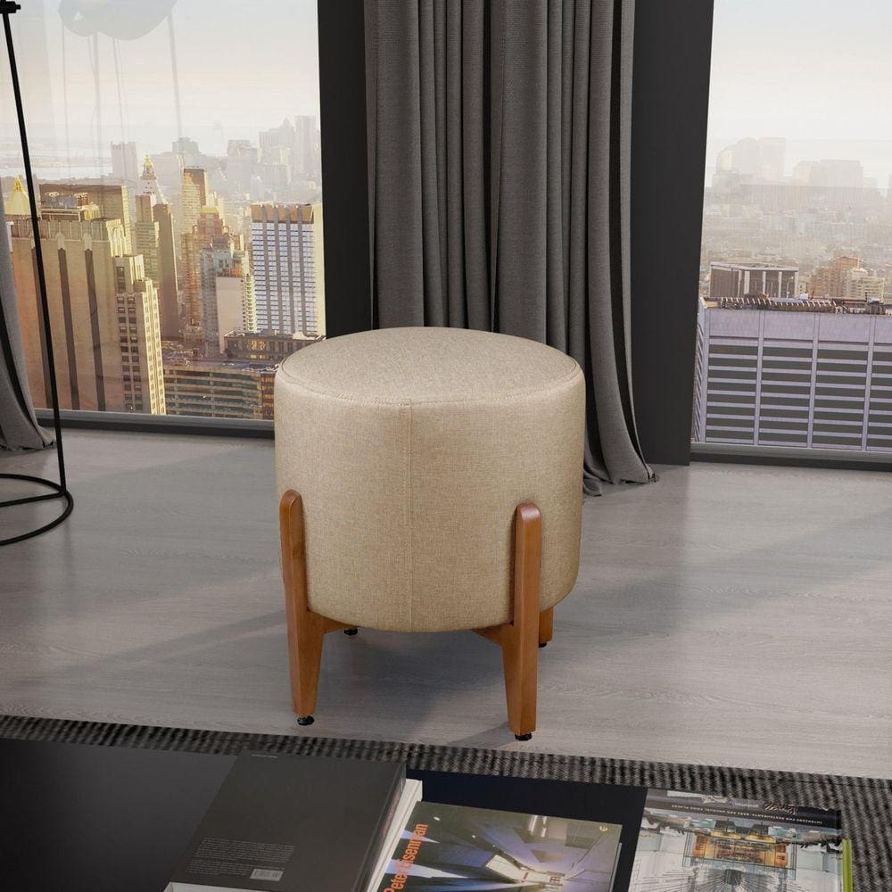 Puff Redondo em Linho com Base de Madeira Otávio Bege