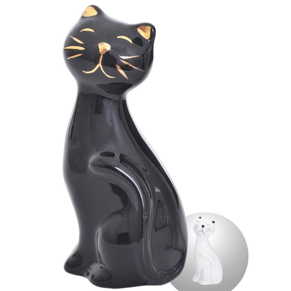 Escultura Gatinho Enfeite Decoração Casa Cerâmica Pequeno Branco Preto Hale DEE02011