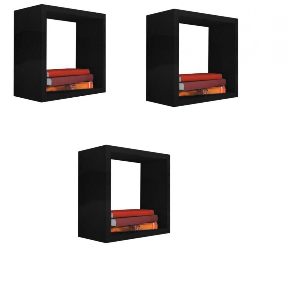 Kit 3 Nicho Decorativo 55X55X20 cm Preto Em Mdf