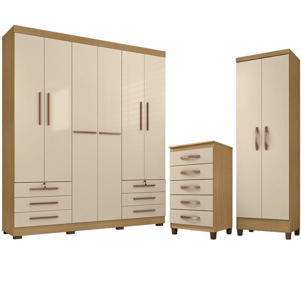 Kit Guarda Roupa Casal 6 Portas Marselha, Cômoda 5 Gavetas Porto Belo e Multiuso Cairo Carvalho Off White Clique Chique