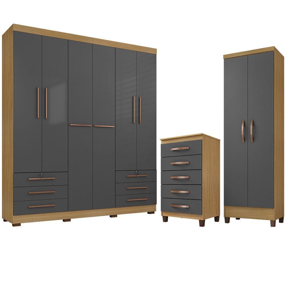 Kit Guarda Roupa Casal 6 Portas Marselha, Cômoda 5 Gavetas Porto Belo e Multiuso Cairo Carvalho Grafite Clique Chique