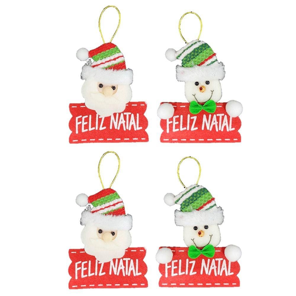 Kit Carinha Papai Noel e Boneco de Neve Placa Feliz Natal Pelúcia 12cm 4 Unidades - Master Christmas