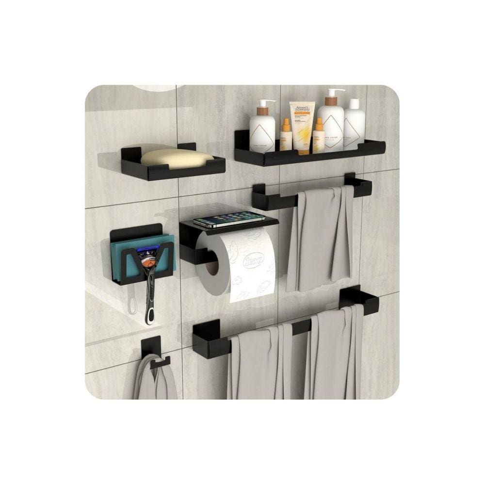 Kit de Acessórios Para Banheiro C/Adesivo 7 Pcs Preto F.ELG
