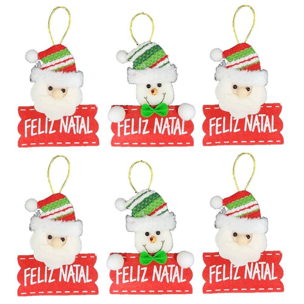 Kit Carinha Papai Noel e Boneco de Neve Placa Feliz Natal Pelúcia 12cm 6 Unidades - Master Christmas