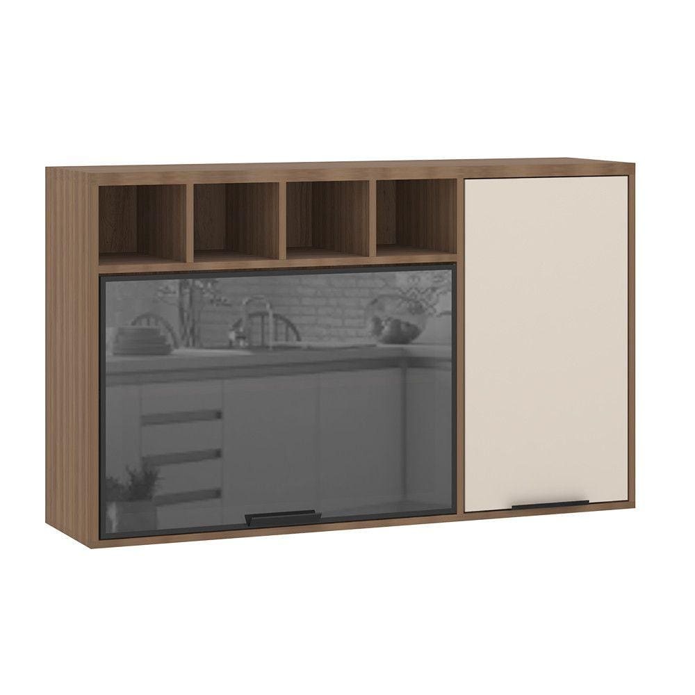 Armário Aéreo de Cozinha 120cm 2 Portas com Vidro Reflecta e Nichos Aspen Luciane Móveis