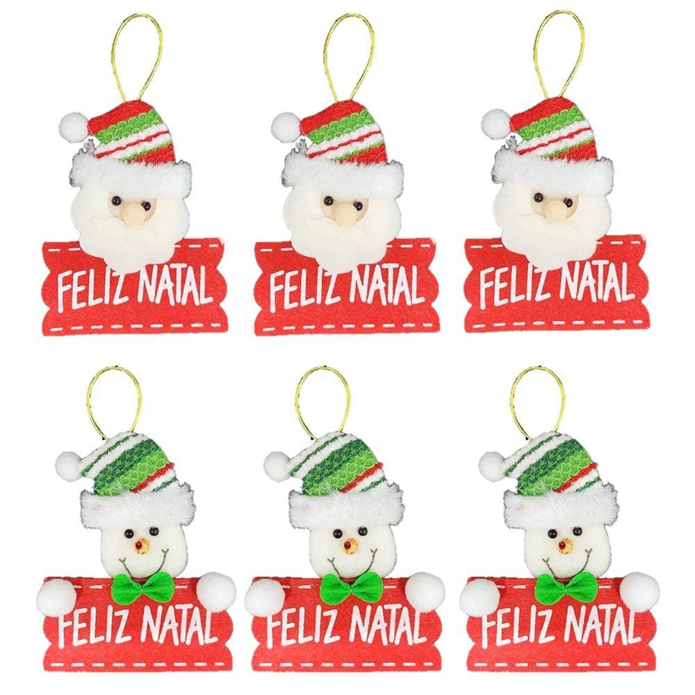 Kit 6 Carinhas Papai Noel e Boneco de Neve Placa Feliz Natal Pelúcia 12cm - Master Christmas