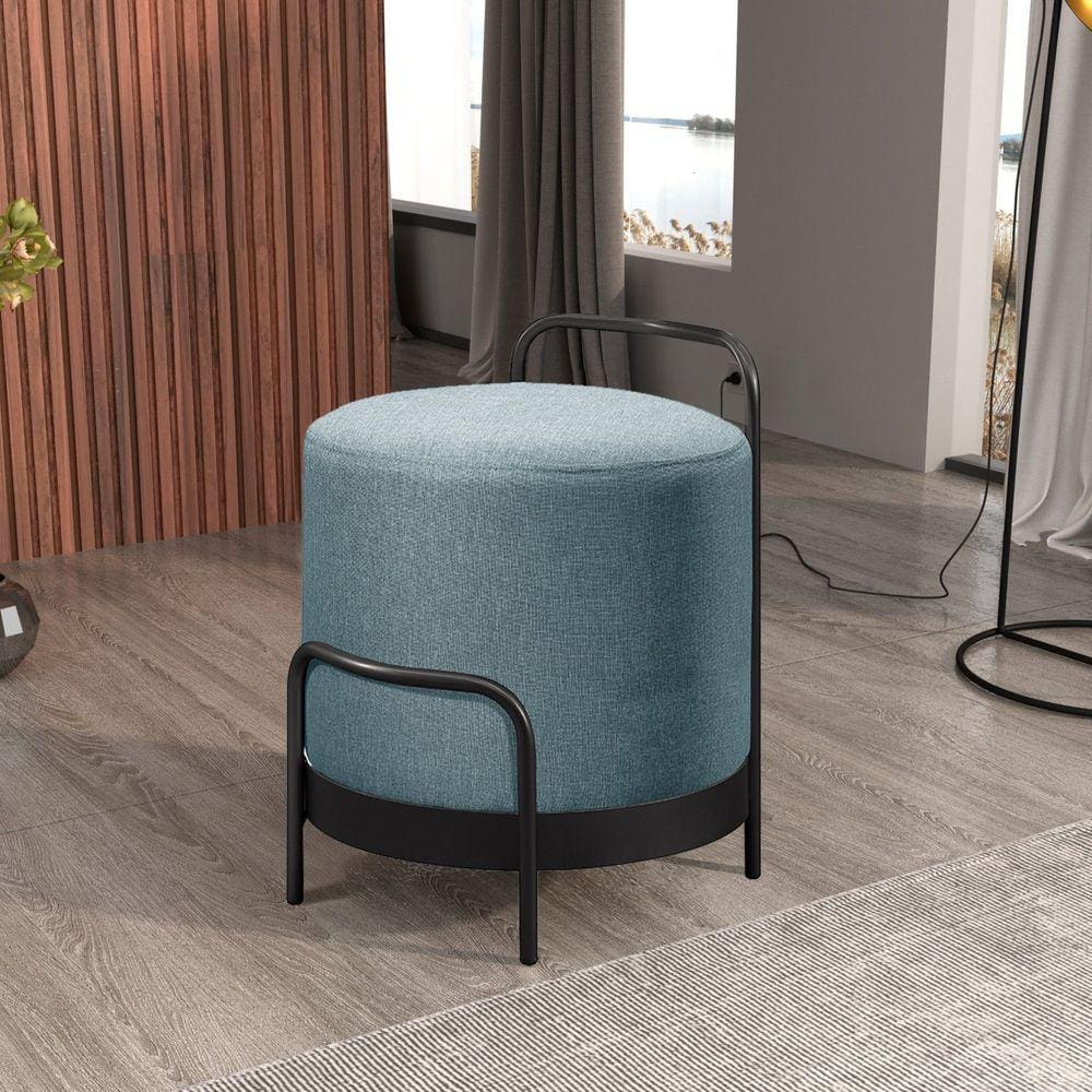 Puff Redondo em Linho50cm com Base Bacci Azul