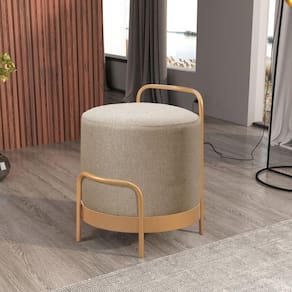 Puff Redondo em Linho 50cm com Base Bacci Bege/Dourado