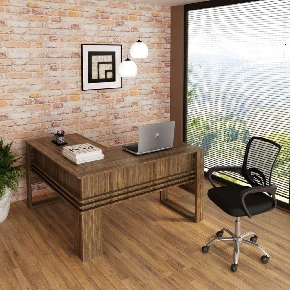 Mesa para Escritório em L com Cadeira Diretor Tela Mesh Tok 3310 Nogal