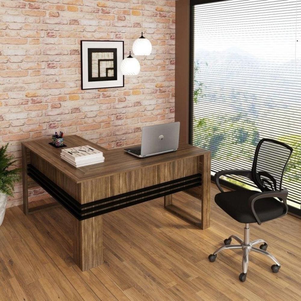 Mesa para Escritório em L com Cadeira Diretor Tela Mesh Tok 3310 Nogal/Preto