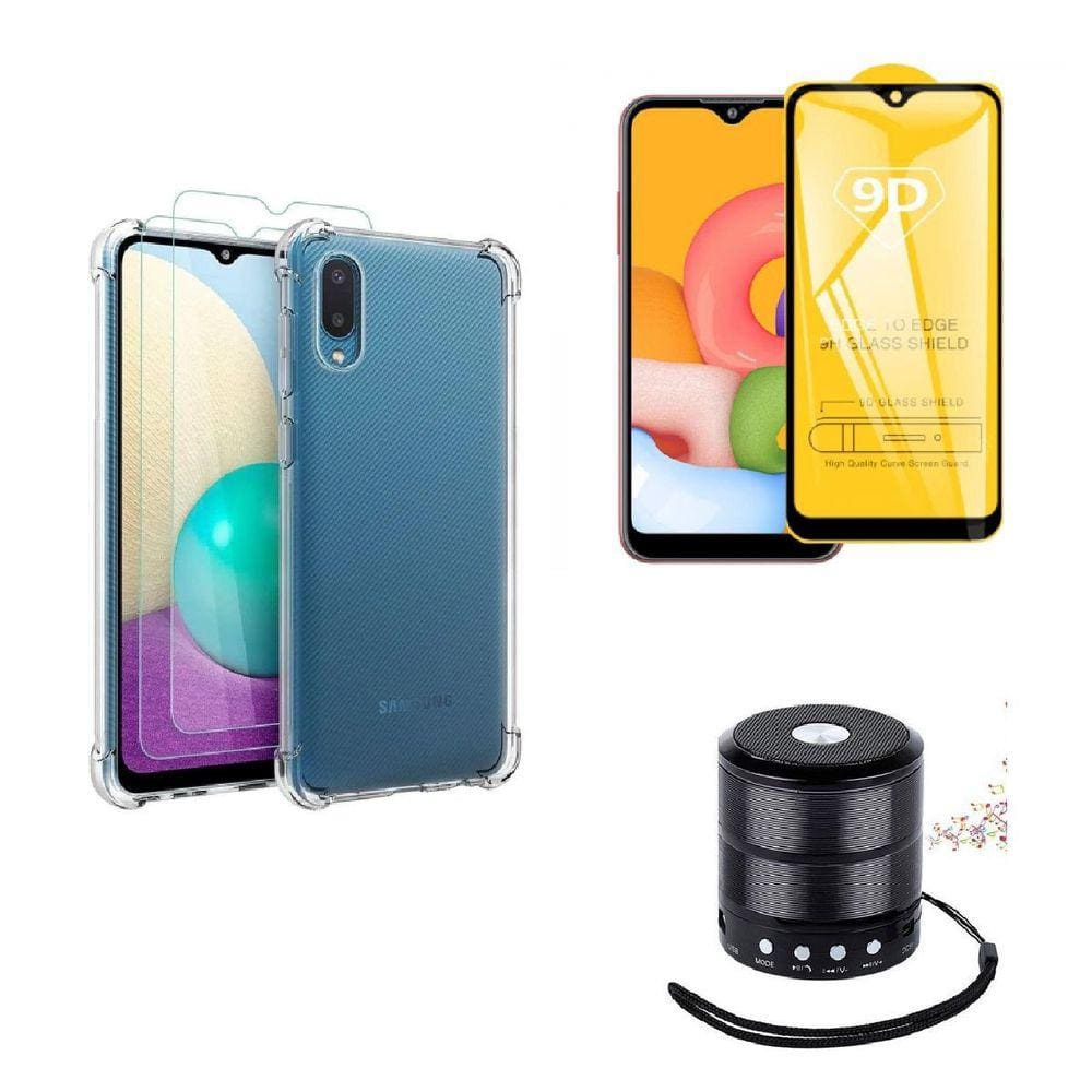 Kit Mini Som Bluetooth Samsung A02 + Capa Anti Impacto + Película Vidro 3D