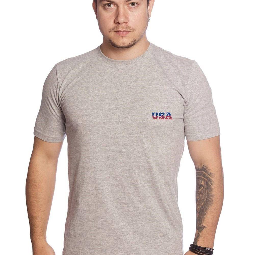 Camiseta Masculina Algodao Confortavel Estampada Frente E Verso USA Aguia Gola Redonda