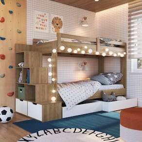 Beliche Infantil com Escada Nichos 2 Gavetões 2 Colchões Aveiro Oak/Branco