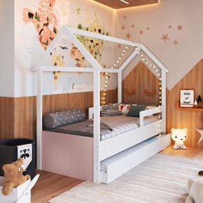 Cama Infantil Montessoriana com Cama Auxiliar 2 Colchões Branco/Rosa