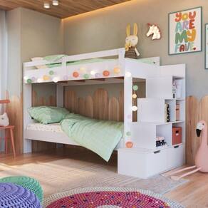 Beliche Infantil com Escada Nichos 2 Gavetas 1 Colchões Inclusos Branco