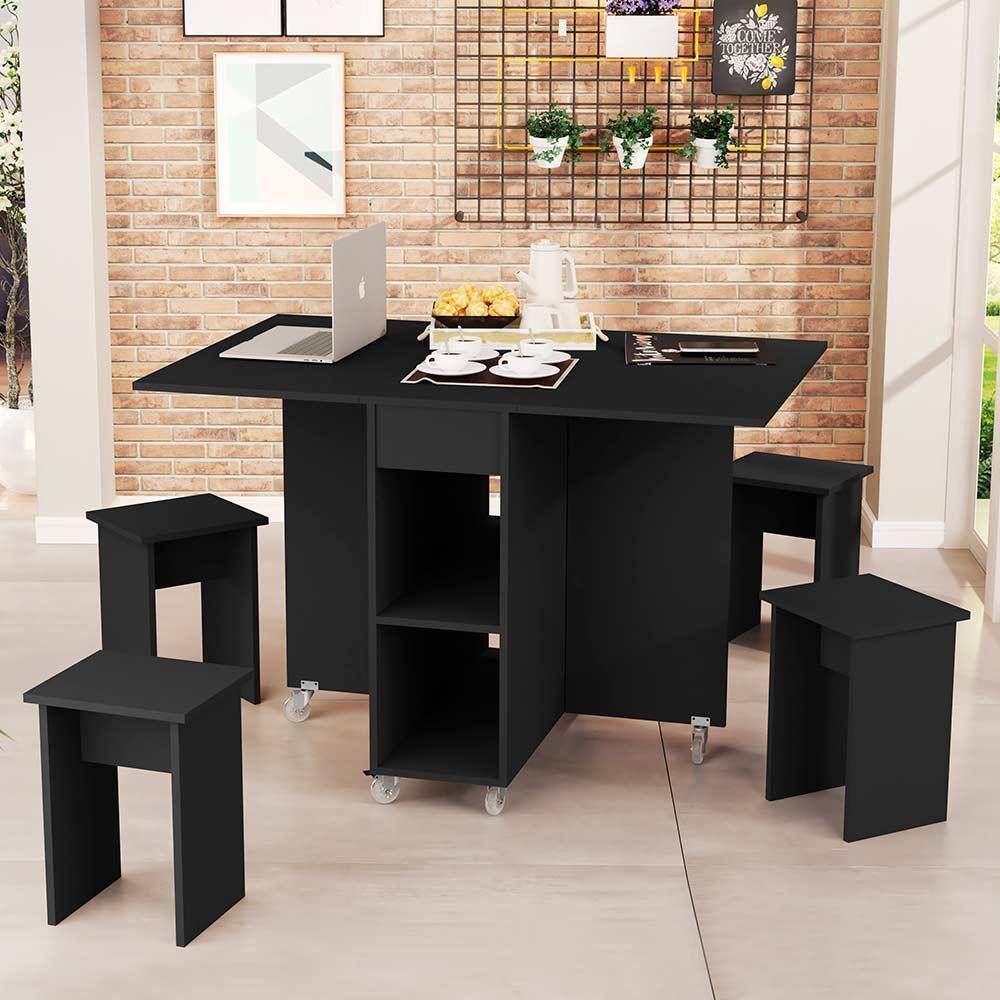 Mesa Dobrável Jade Com 4 Bancos De Encaixe e Rodízios Preto - Preto