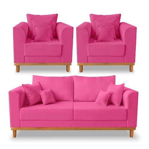 Kit Sofá 3 Lugares e 2 Poltronas Beny Viena Para Recepção Suede Pink - Madeira Prima Deccor