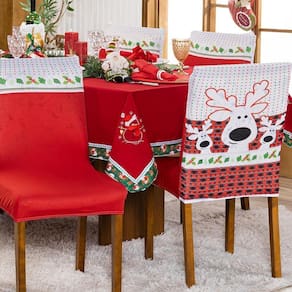 Kit De Capas De Cadeira Jantar Estampadas Natalina Ajustável c/ Elástico 08 pçs - Rena