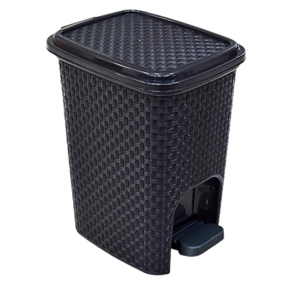 Lixeira Rattan Preto 16 Litros Tampa Pedal, Haste De Metal, Suporte Para Saco De Lixo Remov