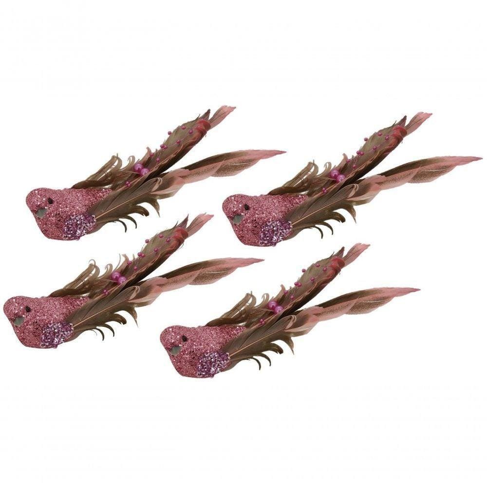 Kit Passarinho Natal Penas Pérolas Rosê 16Cm 4un