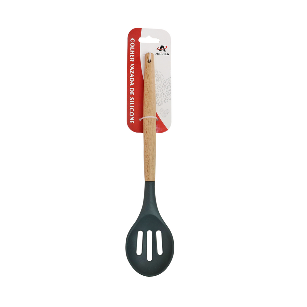 Colher Vazada De Silicone Com Cabo De Madeira 31,5cm
