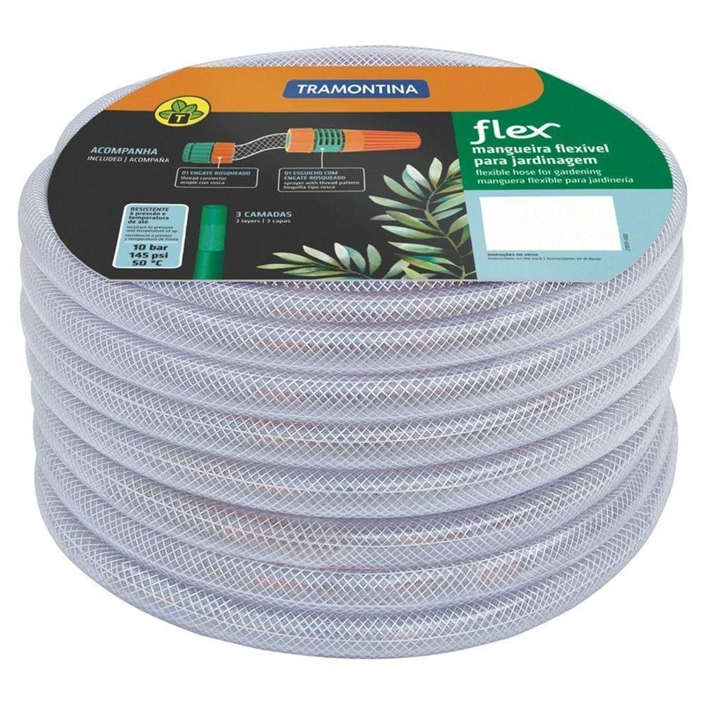 Mangueira Flex Transparente Em Pvc 3 Camadas 25 M Com Engates Rosqueados E Esguicho