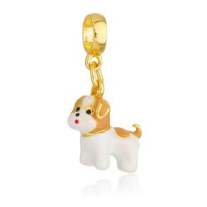 Pingente Berloque Cachorro Shih Tzu Bege Para Pandora Banhado a Ouro 18k