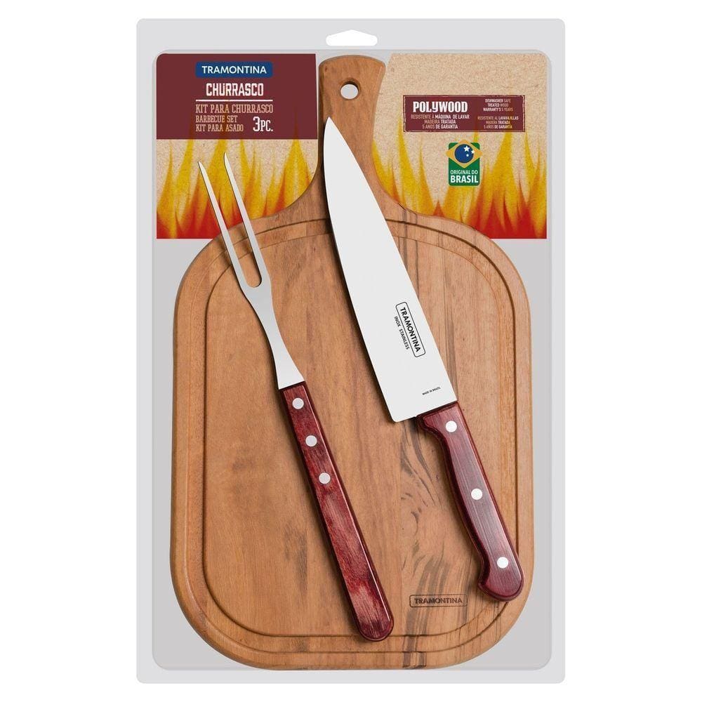 Kit Para Churrasco Em Aço Inox E Cabo Vermelho Polywood Com Tábua De Madeira 3 Peças