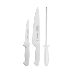 Jogo De Facas Premium Lâminas Aço Inox E Cabos De Polipropileno Branco Com Chaira 3 Pçs