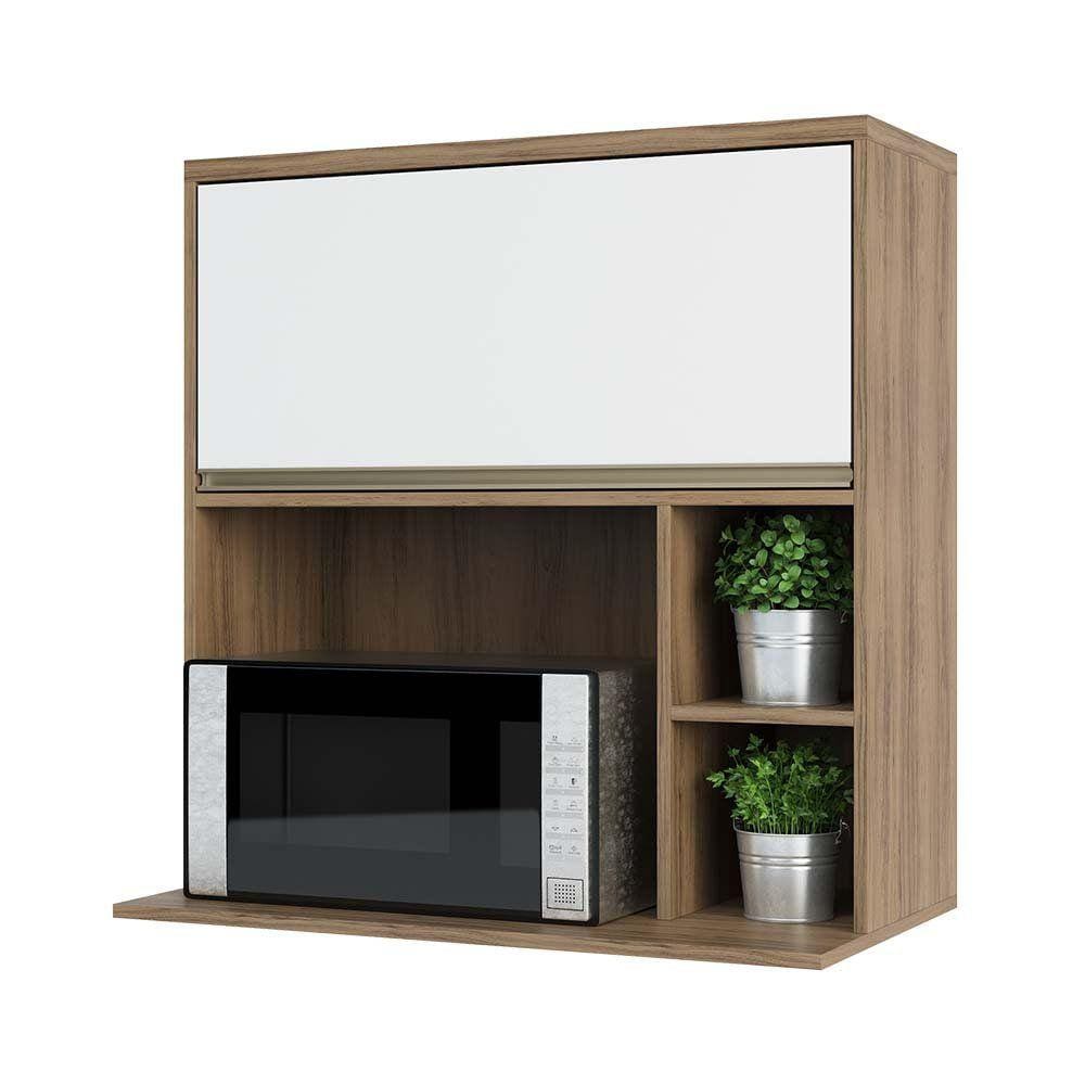 Armário Aéreo 80 cm 1 Porta Basculante Nicho Micro Conjugado e Nicho Lateral Mel Luciane Móveis