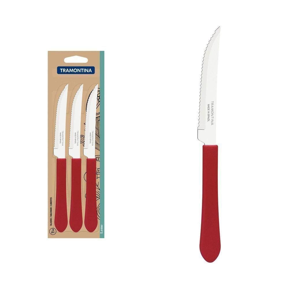 Conjunto De Facas Para Churrasco Leme Com Lâminas Em Aço Inox E Cabo Vermelho 3 Peças