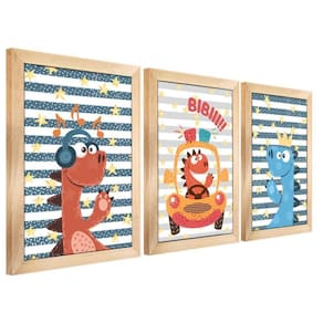 Kit Quadros Infantil Dinossauro Kids 20x30 3 Peças Título Moldura Mel