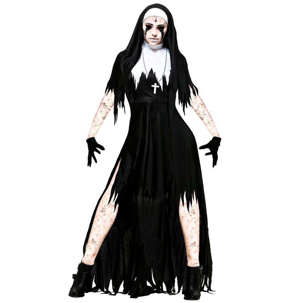 Fantasia Halloween Noviça do Mal Freira Adulta Vestido + Véu