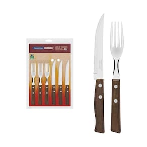 Jogo De Talheres Para Churrasco Em Aço Inox Com Cabo De Madeira Natural 12 Peças
