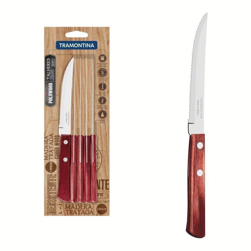 Conjunto De Facas Para Churrasco 5" 6 Peças Em Aço Inox E Cabos Madeira Polywood Vermelho