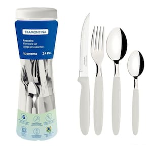 Faqueiro Ipanema Lâminas Aço Inox Cabos De Polipropileno Branco Com Pote Plástico 24 Pçs