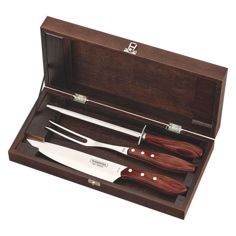Kit Para Churrasco Em Aço Inox Cabo Vermelho Polywood Com Estojo De Madeira 4 Peças