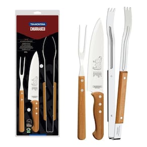Jogo Para Churrasco Tramontina Em Aço Inox E Cabos De Madeira Natural 3 Peças Tramontina