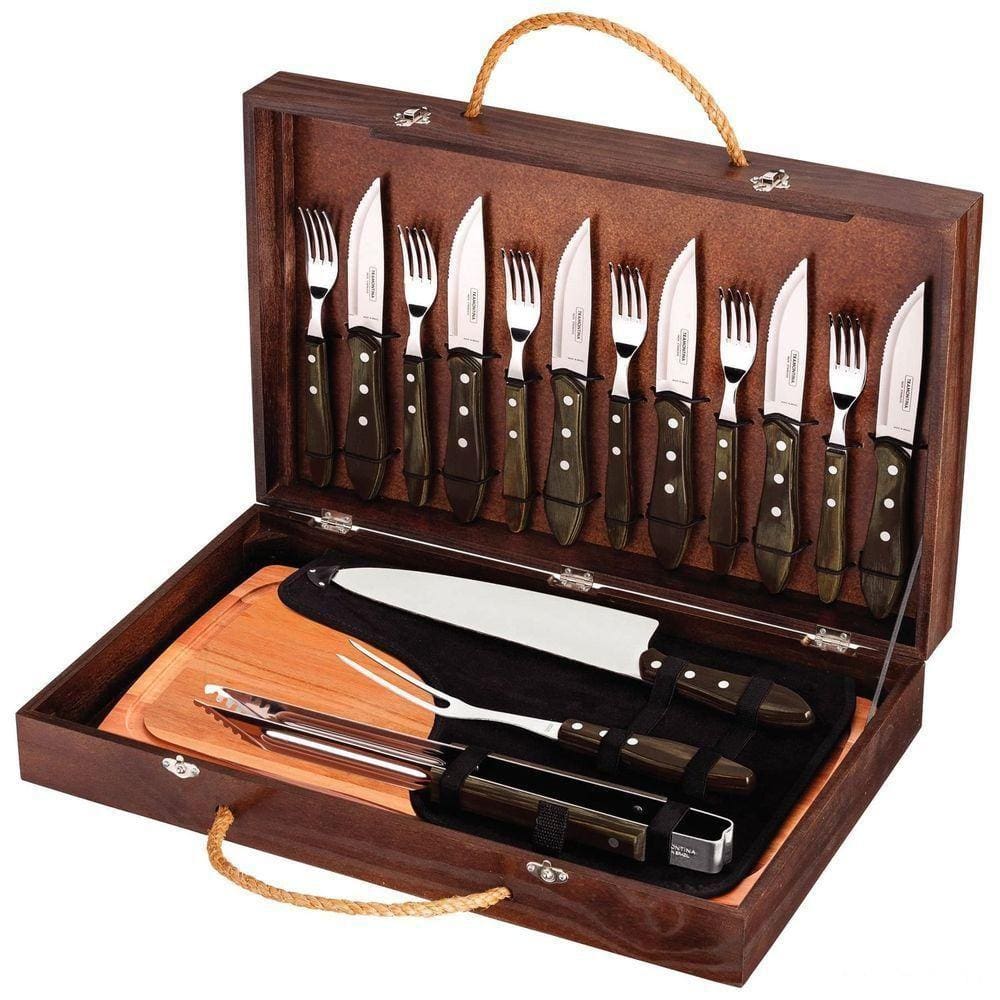 Kit Churrasco Talheres Jumbo Aço Inox Cabo Castanho Polywood Tábua E Estojo Madeira 17 Pç