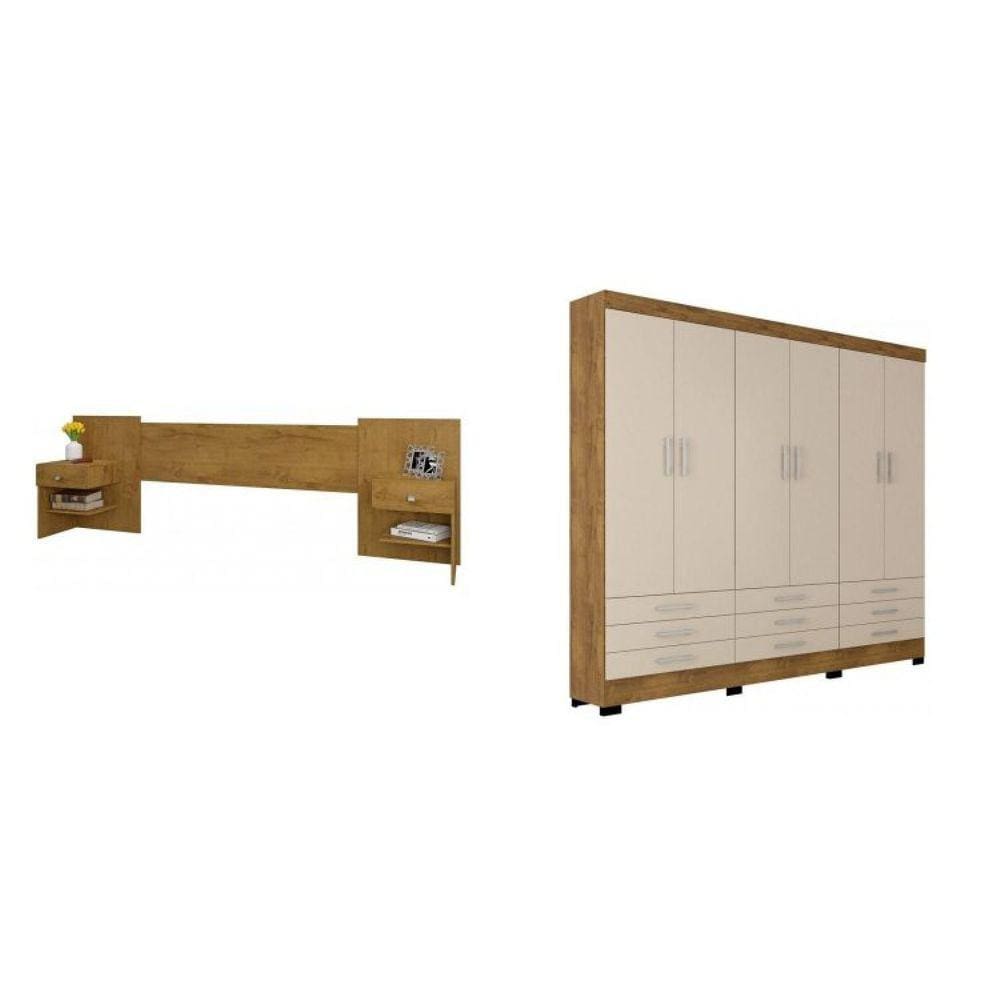 Conjunto Quarto Casal Cabeceira Extensível e Guarda Roupa 6 Portas 9 Gavetas Espresso Móveis Canelato Rústico/Marroml Brilho