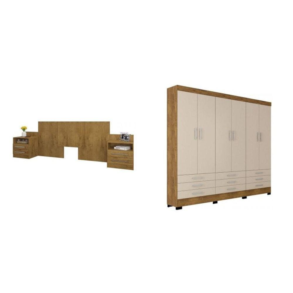 Conjunto Quarto Casal Cabeceira Extensível e Guarda Roupa 6 Portas 9 Gavetas Espresso Móveis Canelato Rústico/Marroml Brilho