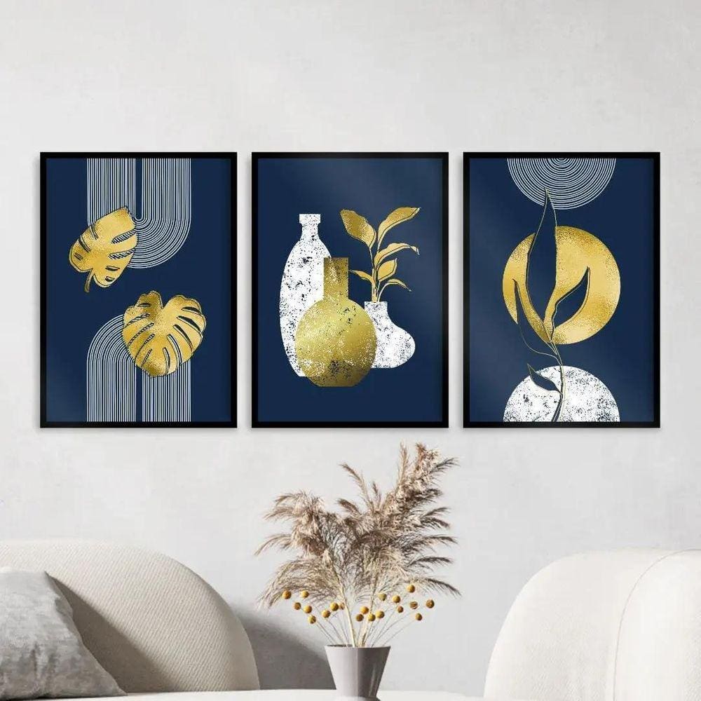 Kit 3 Quadros Abstratos Azul E Dourado Folhas 33X24Cm